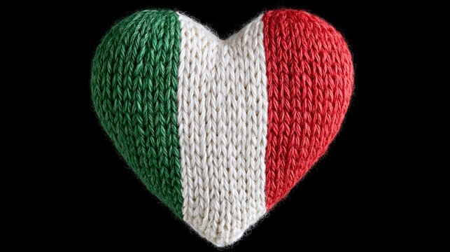 Knitted heart shaped decoration featuring the colors of the Italian flag, prominently displayed against a black background for a striking visual effect