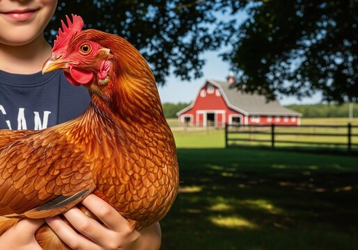 Child holds a Rhode Island Red hen in front of a red barn on a sunny day