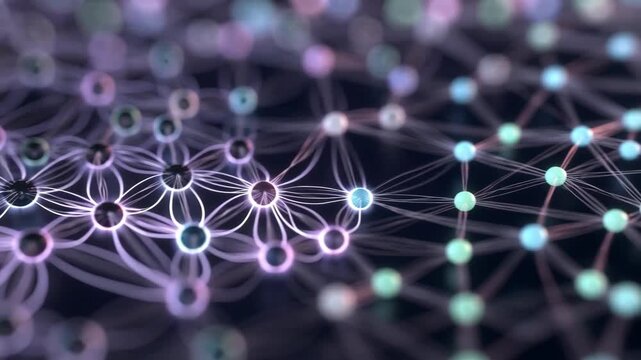 Colorful glowing nodes connected by thin lines in digital style on dark background, symbolizing data connectivity and network systems
