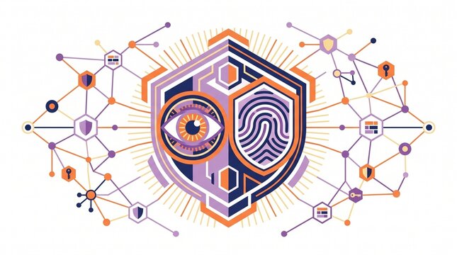 Minimalist flat vector illustration of abstract geometric face shield with biometric eye and fingerprint icons connected to digital network representing cybersecurity and digital identity authenticati