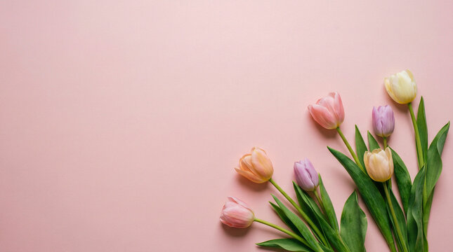 Colorful tulips on pink background with copy space, spring floral composition