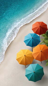 Vacation relaxation concept with vibrant beach umbrellas and empty lounge chairs on white sand, tranquil ocean waves washing shore inviting travel and summer holidays