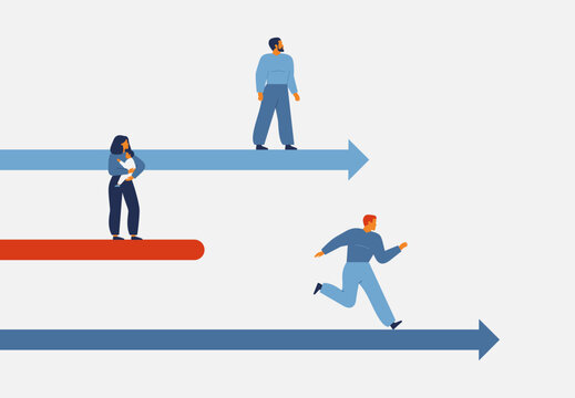 woman with child didnt growth in career. Male colleagues are advancing faster by business promotion path. Unequal conditions for females on maternity leave. vector