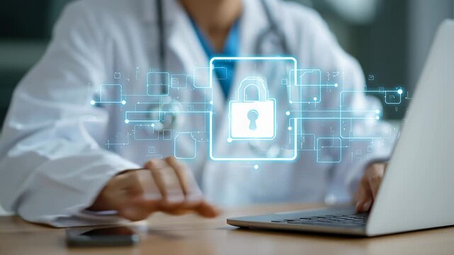 Doctor typing on laptop with holographic lock in clinical office, white coat and stethoscope visible, digital data shield animation representing encryption