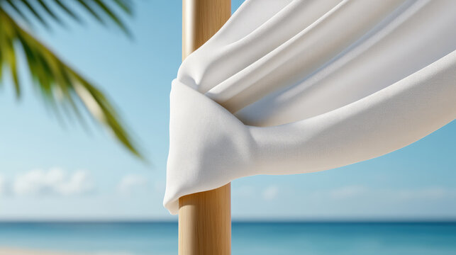White fabric canopy attached to wooden post with rope knot, providing shade and relaxation against vivid blue sky and clear ocean water at tropical beach resort
