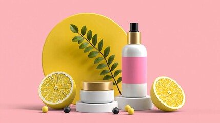 Naklejka premium Cosmetic product display featuring a white bottle with pink label, cream jar, lemon slices, and green foliage on a yellow circular backdrop against a pink background
