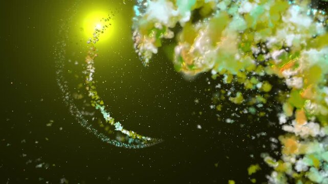 An abstract cosmic composition featuring vibrant swirling particles creating dynamic circular motion in deep space, reminiscent of galaxy formation, an energetic explosion, and a glowing nebula with d
