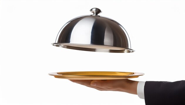 hand holding silver serving cloche raised above empty golden plate cut out