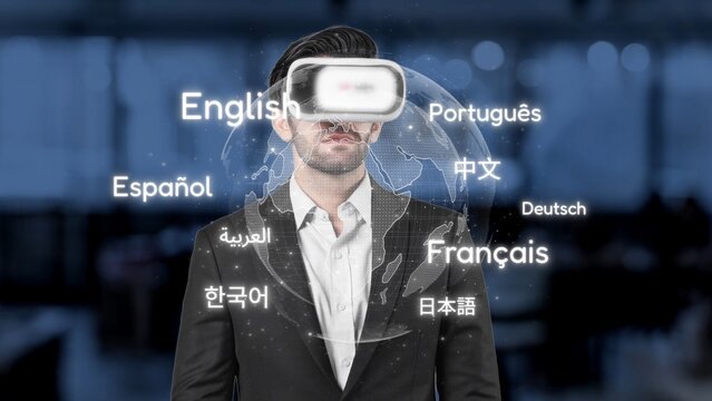 A businessman engages with a virtual reality headset in a modern office, surrounded by various language options, symbolizing global communication and multicultural learning. Raster