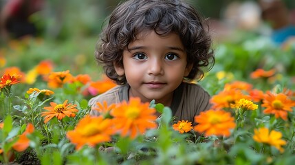 Naklejka premium Child in flower garden