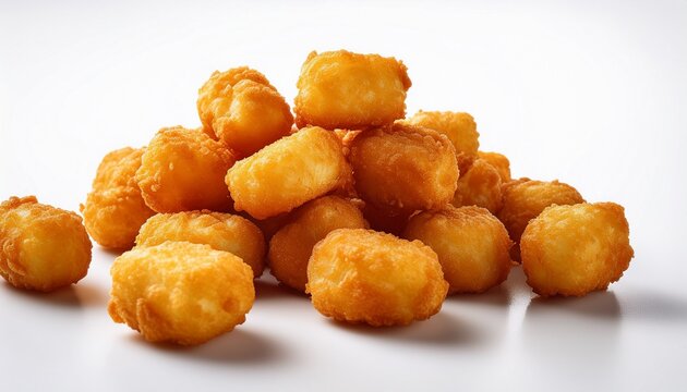 golden crispy tater tots scattered on a white background