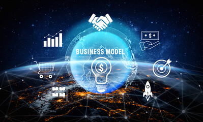 Fototapeta premium Global Business Model Concept with Digital Icons Representing Growth, Innovation, and Strategy over Earth in Space with Data Connections and Networks Quark.