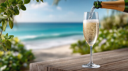 Naklejka premium Pouring sparkling wine into a flute glass, bubbles rising in the golden liquid, celebrating luxury lifestyle and tropical vacation on a beautiful beach background