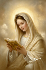Fototapeta premium Sacred Woman with Dove and Holy Book – AI Generative