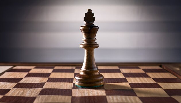 a lone chess king piece stands on a chessboard with a wall in the background