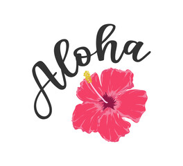 Decorative aloha slogan with red hibiscus flower, vector for fashion, card, poster designs, summer and paradise concept, beach and tropical flowers © springsky
