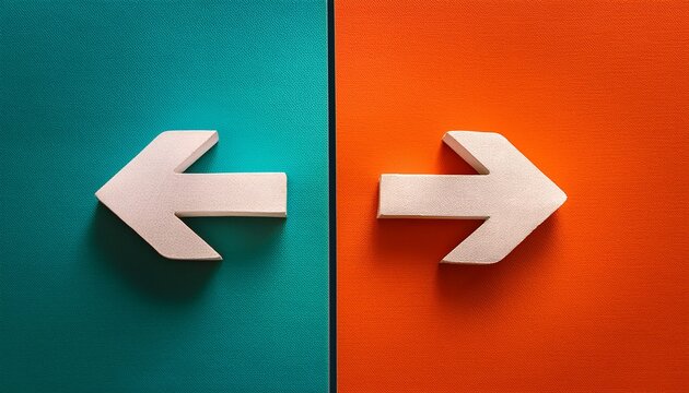 split screen with contrasting arrows pointing in opposite directions on vibrant orange and teal backgrounds