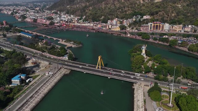 Aerial orbit shot of haridwar highway bridge connecting delhi to rishikesh