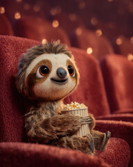 Fototapeta premium Cute Sloth Watching Movie with Popcorn – Generative AI
