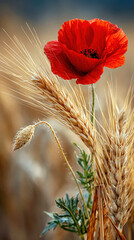 Naklejka premium : Red Poppy Flower with Wheat Ears in Golden Field. AI generative.