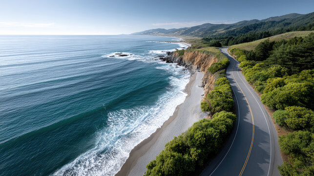 Aerial view of a coastal highway winding along rugged cliffs as waves crash on rocks, evoking scenic road trip freedom, remote escape and dramatic seaside landscape exploration