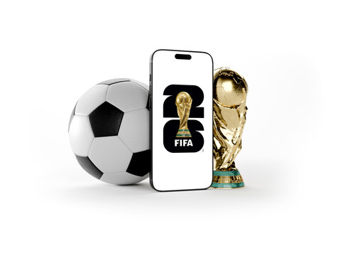 Mobile phone displaying the 2026 FIFA World Cup logo along side a classic soccer ball and championship trophy.