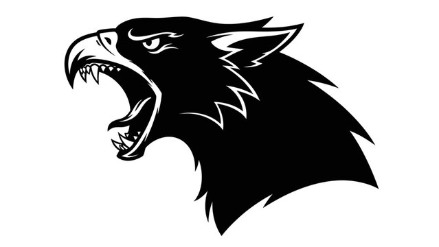 Fierce Gryphon Head Silhouette, Mythical Creature, Heraldic Symbol, Black and White