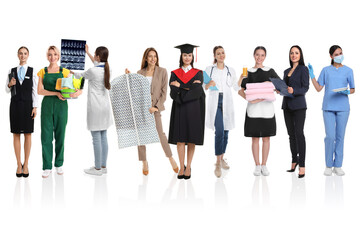 Obraz premium Choice of profession. Graduate student and women of various occupations on white background
