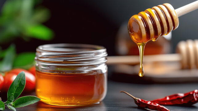 Golden honey streams into a glass jar, surrounded by vibrant red chili peppers and aromatic herbs, showcasing the preparation of a trending sweet and spicy culinary condiment