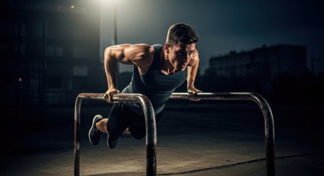 Strong man doing pushups on parallel bars. Determined male athlete in an intense outdoor night workout with overhead lighting. Fitness training.