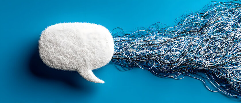 White Fluffy Woolly Speech Bubble Silver Wire Extending Blue Background Communication Art