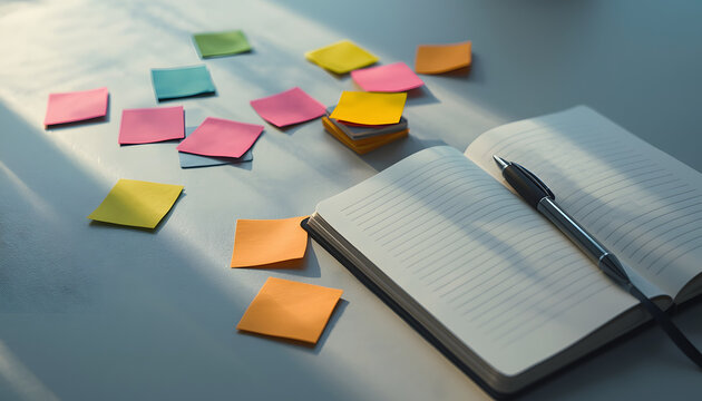 Messy desk with scattered sticky notes and open notebook, concept of burnout or creative block