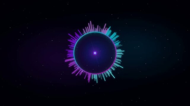 Colorful audio sound wave equalizer circle with purple and blue glow in night sky background