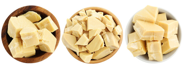 Naklejka premium Cocoa butter pieces in bowls isolated on white, set. Top view