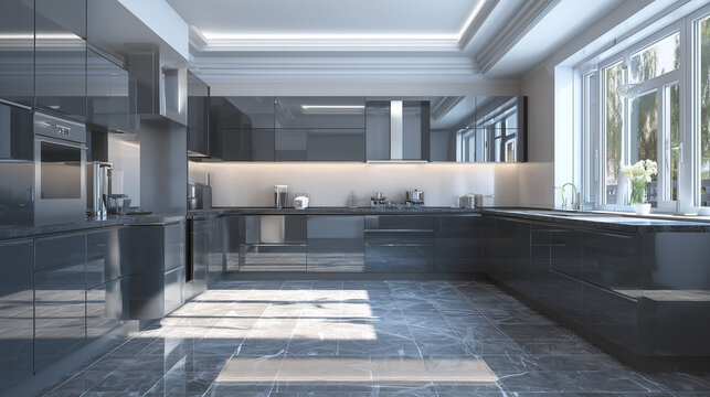 A modern kitchen with sleek gray cabinets and marble floors under bright recessed lighting and natural light