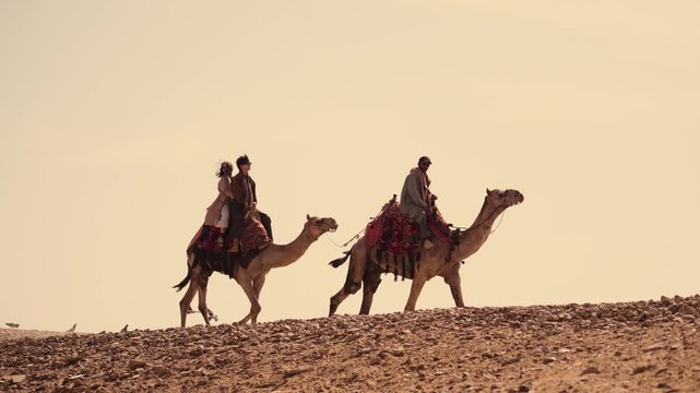 Two camels carrying tourists and a local guide move across a desert landscape under warm sunlight. The riders sit on traditional saddles as birds fly in the background