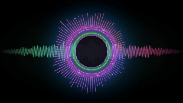 Colorful audio sound wave equalizer ring with purple green and blue glow on dark background