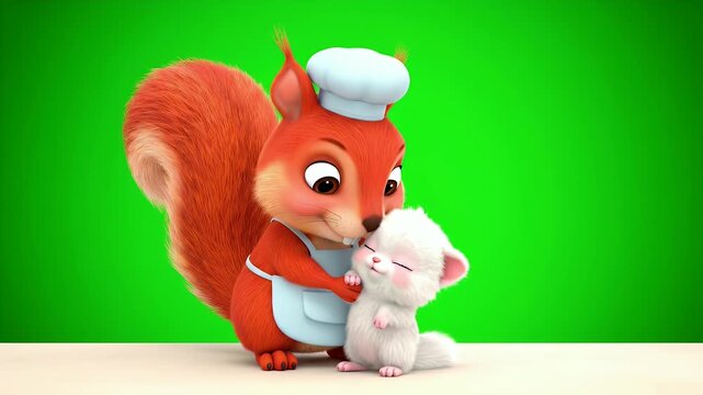 Charming 3D Render Of A Smiling Chef Squirrel Wearing A Chef Hat And Apron Gently Hugging A Small White Furry Creature Against A
