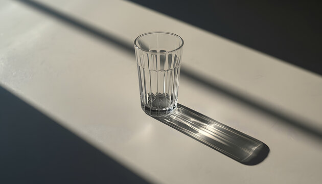 Minimalist empty glass casting long shadow under harsh sunlight, concept of loneliness and thirst