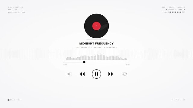 Vinyl record music player interface with playback controls on minimal white background