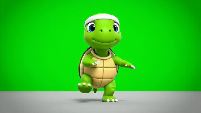 A 3D Rendered Cartoon Tortoise Character with a White Headband Jogging Happily on a Grey Surface Against a Vibrant Green Screen