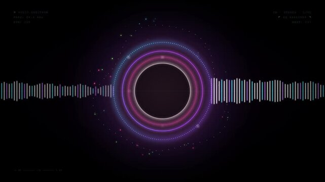Abstract music sound wave circle visualizer with purple and pink glow on dark background