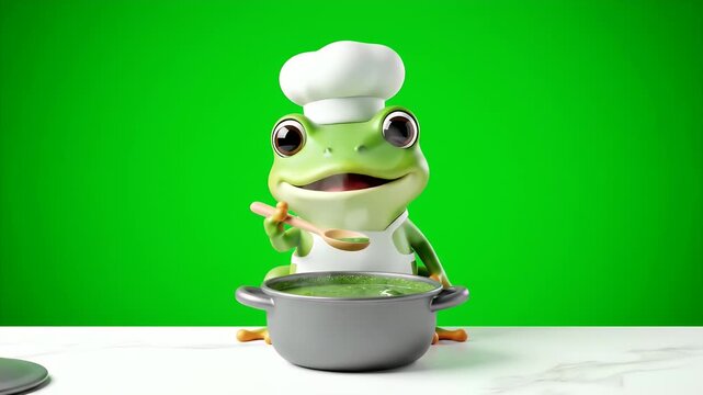 Whimsical Cartoon Chef Frog Wearing a White Chef Hat and Apron Stirring a Green Pot of Soup with a Wooden Spoon on a White Table