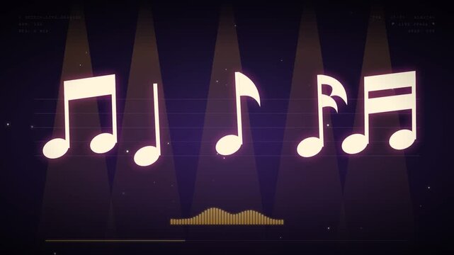 Music notes with stage spotlight on dark background for concert and entertainment concept