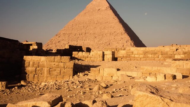 Cinematic morning approach Great Pyramid Khufu in Giza Egypt with golden sunlight. Smooth Steadicam shot captures a cinematic approach to Great Pyramid of Khufu in Giza, Egypt, in early morning