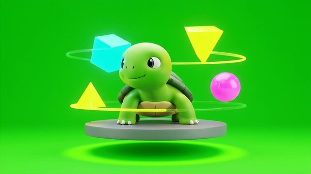 Whimsical 3D Render of a Cute Cartoon Turtle Character Surrounded by Floating Geometric Shapes and Soft Yellow Glows on a Vibrant