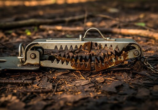 Old rusty bear trap lying on forest floor with dirt and leaves