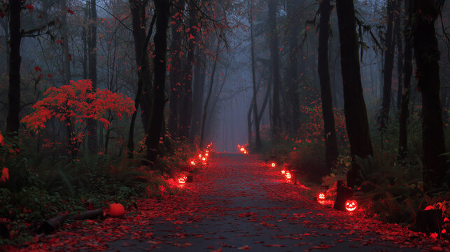 A path lined with glowing jack o lanterns through a dark and spooky forest at halloween time
