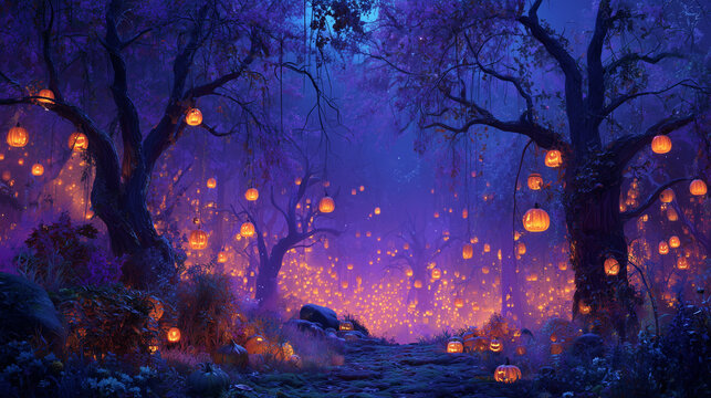 A spooky halloween night forest with glowing pumpkins hanging from the trees and on the ground
