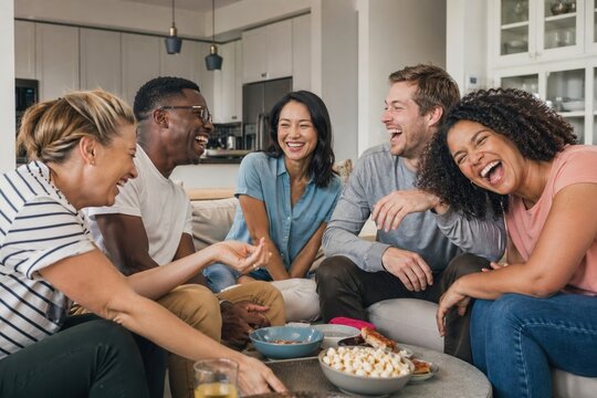 Diverse group of friends sitting around a coffee table, laughing and sharing snacks. They enjoy a fun social gathering in a modern living room. Perfect for lifestyle and community content.
